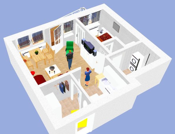 3D-Ansicht einer Wohnung mit Wohnzimmer, Küche, und Schlafzimmer.