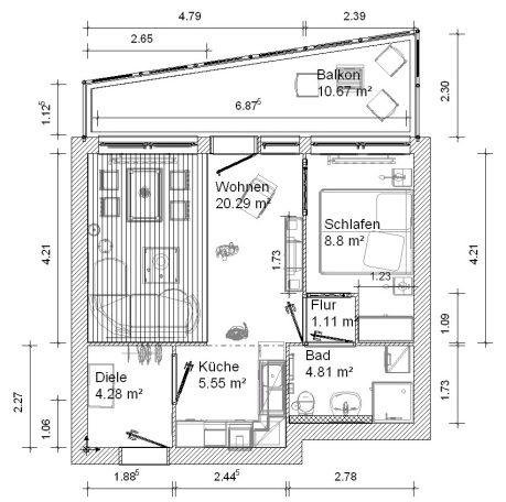 Grundriss einer Wohnung mit Wohnzimmer, Küche, Schlafzimmer und Bad.