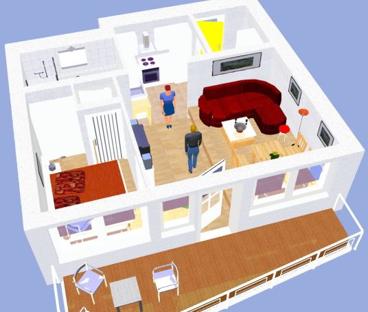 3D-Ansicht eines Wohnzimmers mit roten Möbeln und hellem Holzfußboden.